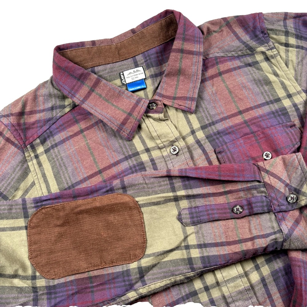 KAVU Men's Large Flannel Shirt Green Purple Plaid Cotton Elbow Patches